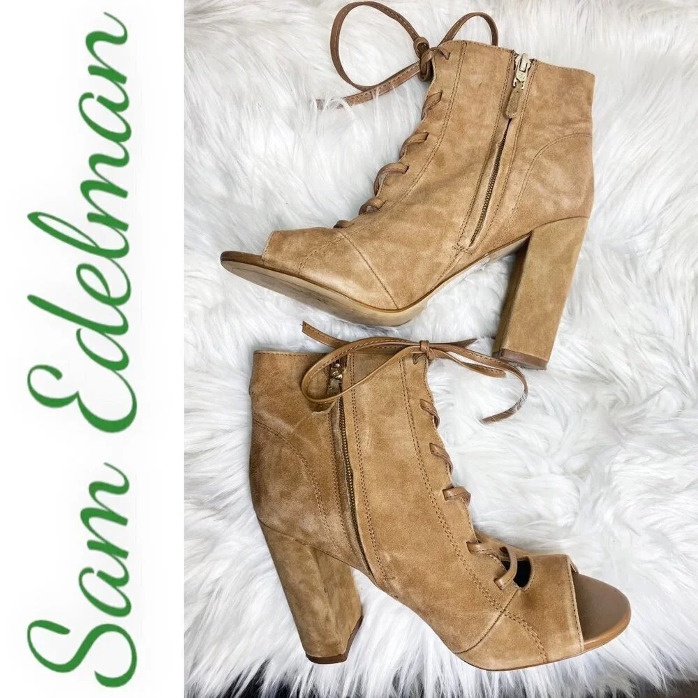 SAM EDELMAN YVIE Suede Open‎ Toe Lace Up Ankle Boot Saddle Brown, Size 8